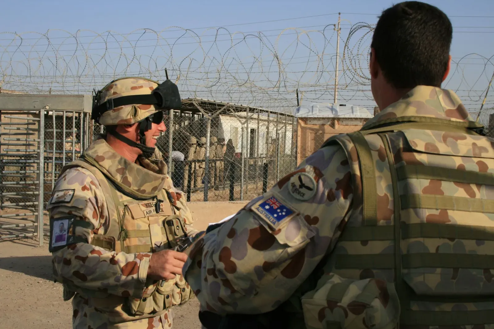 Robert Keegan in RAAF desert uniform at a checkpoint on deployment in the Middle East